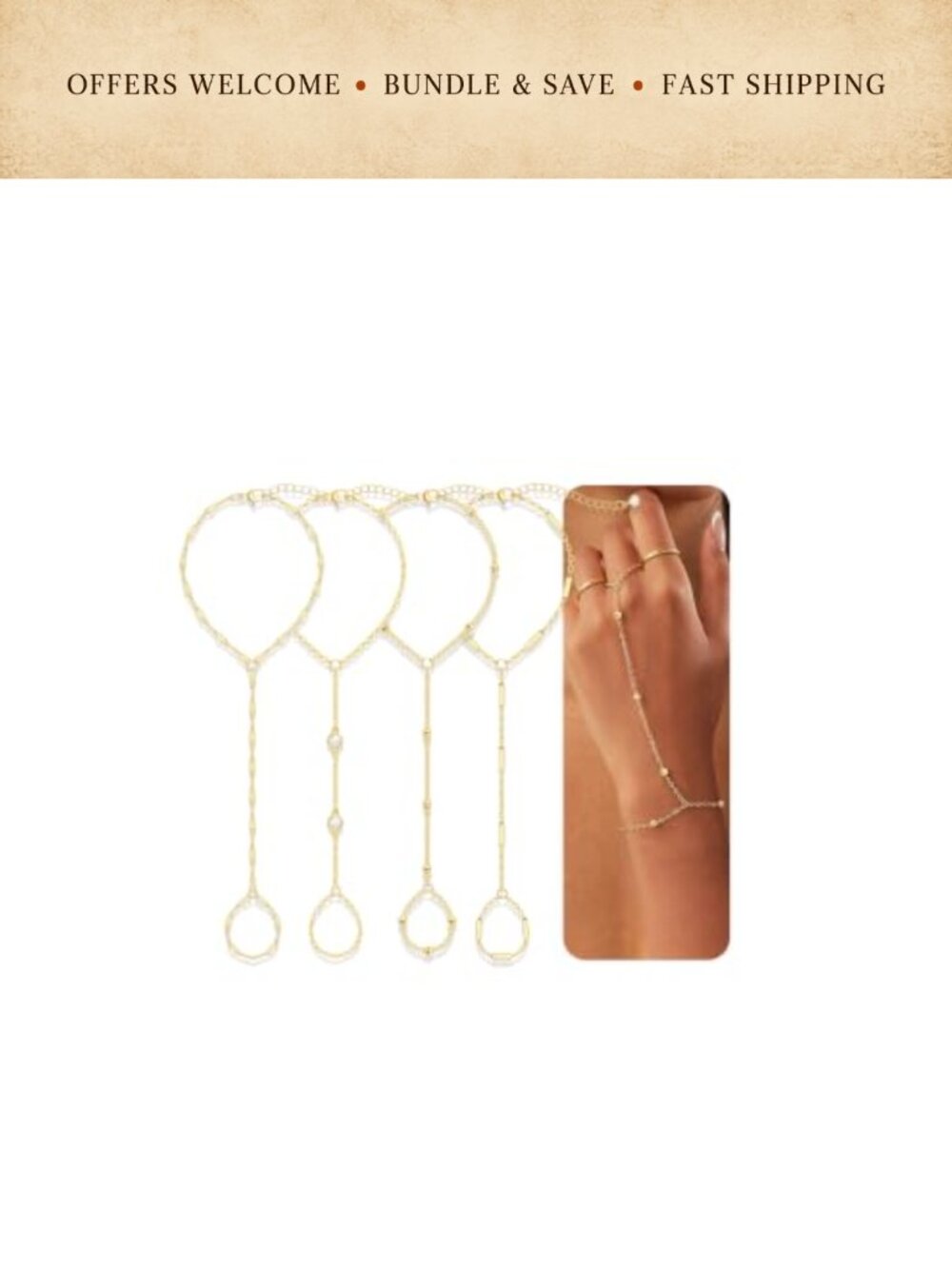 4 Pc 14K Gold Plated Hand Chain Bracelet Set Adjustable Stackable Women's